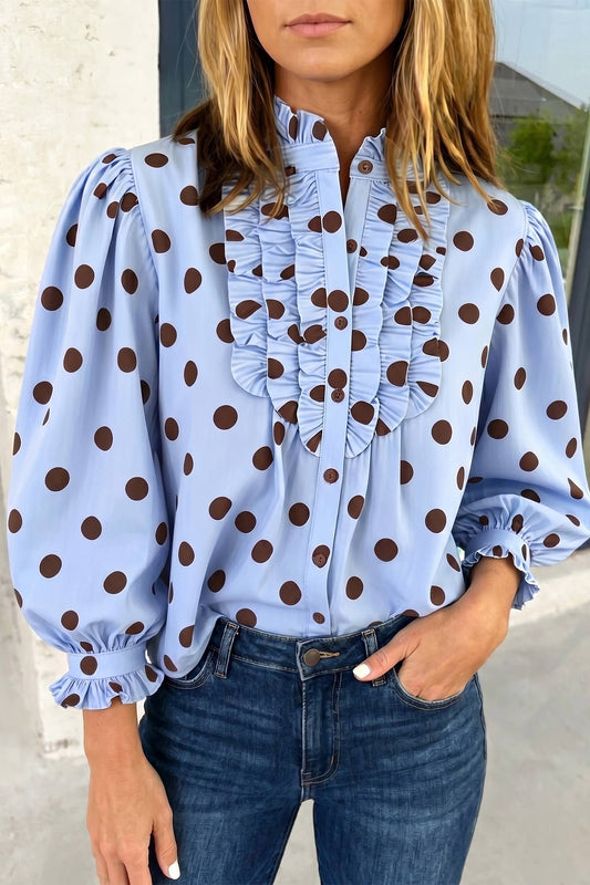 Striped Print Polka Dot Ruffle Stand Neck Shirts | S-XL