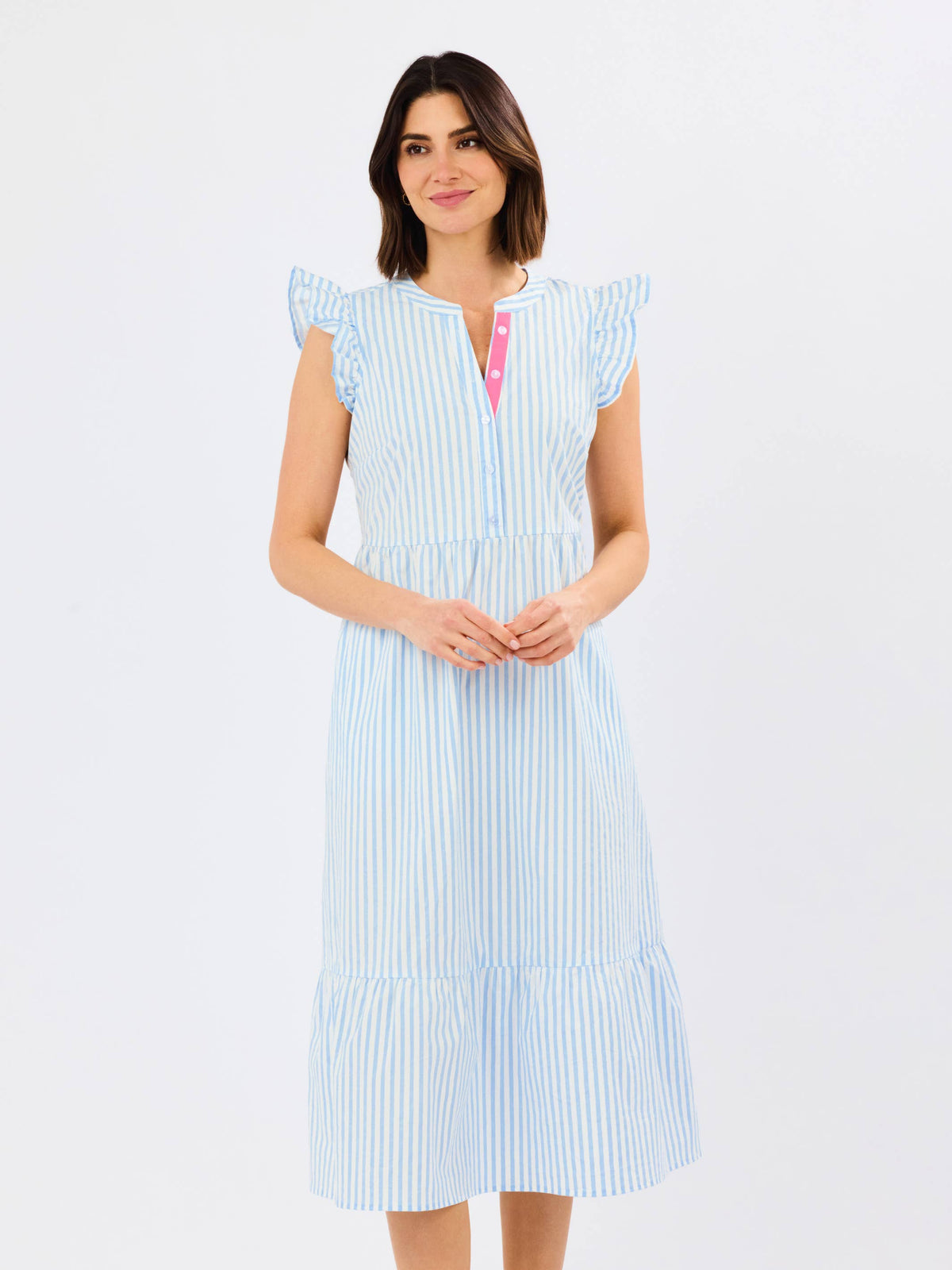 Riley Flutter Sleeve Dress | Pin Stripe Blue