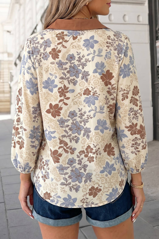 Floral Print Colorblock V Neck Long Sleeve Blouse | S-XL