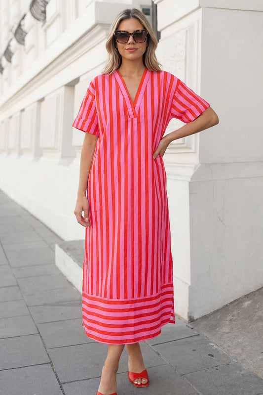 Stripe V Neck Cuffed Sleeve Maxi Dress | S-XL