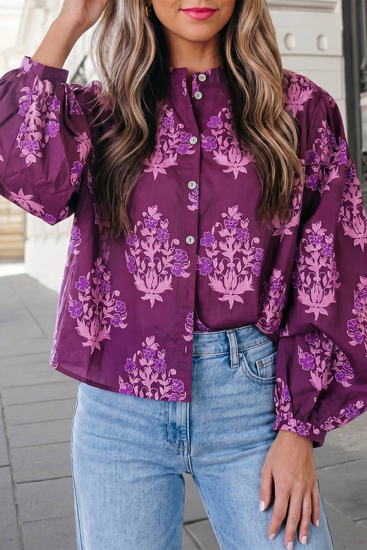 Floral Print Button Front Long Puff Sleeve Shirt | S-XL