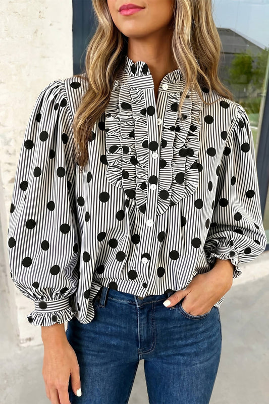 Striped Print Polka Dot Ruffle Stand Neck Shirts | S-XL