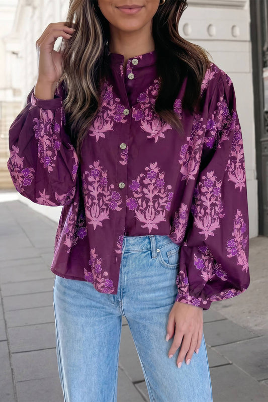 Floral Print Button Front Long Puff Sleeve Shirt | S-XL