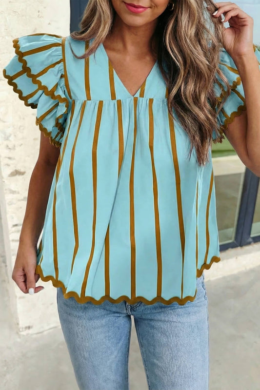 Stripe Ricrac Trim Ruffle V Neck Blouse S-XL