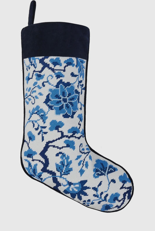Floral Blue & White Needlepoint Stocking