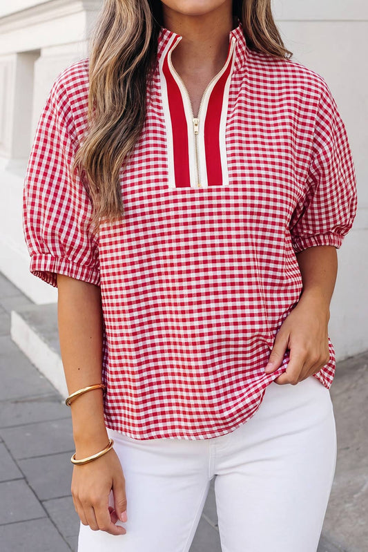 Plaid Short Sleeve Split Neck Blouse | S-XL