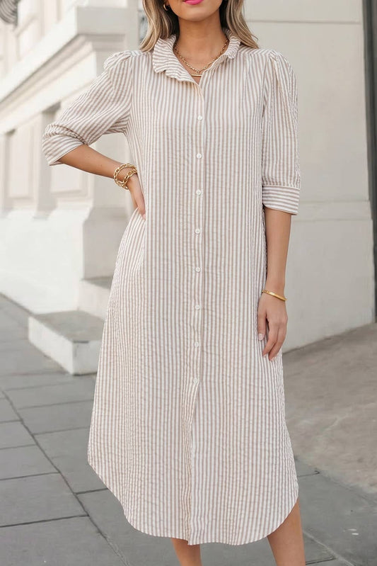 Stripe Frilled Collar Half Sleeve Shirt Maxi Dress | S-XL