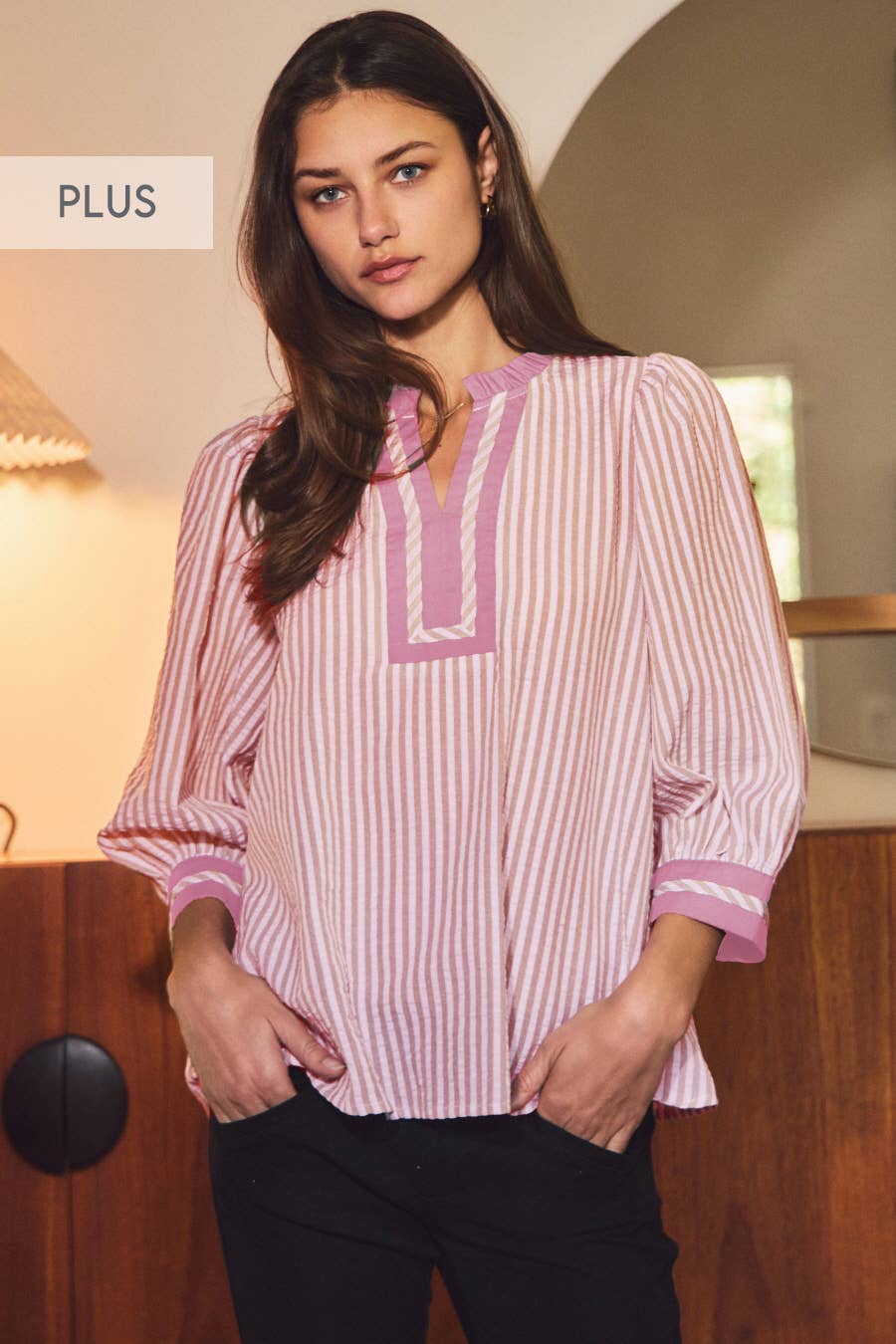 Plus Striped Woven Blouse
