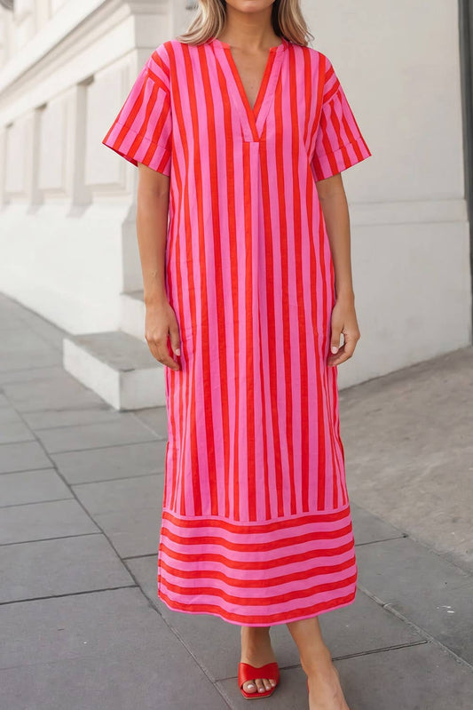 Stripe V Neck Cuffed Sleeve Maxi Dress | S-XL
