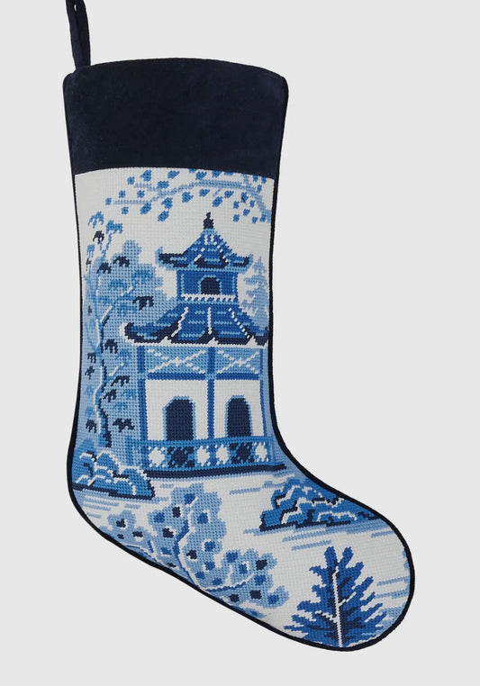 Chinoiserie Blue & White Needlepoint Stocking