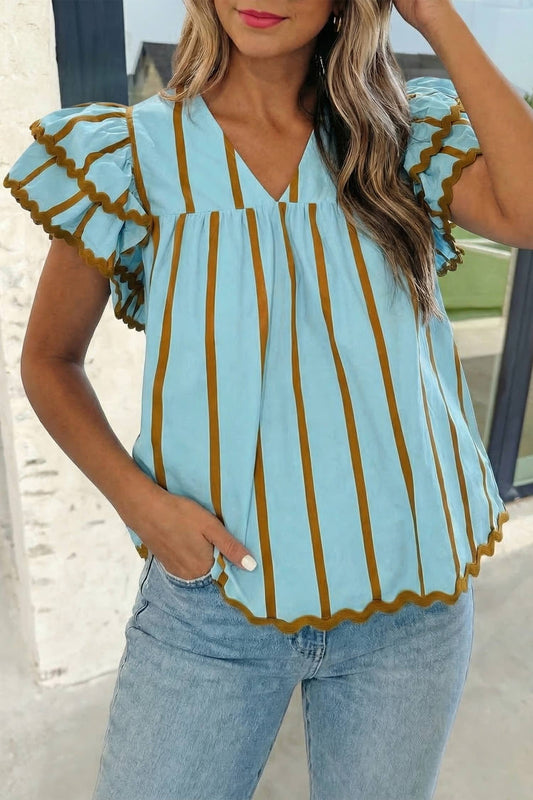 Stripe Ricrac Trim Ruffle V Neck Blouse S-XL