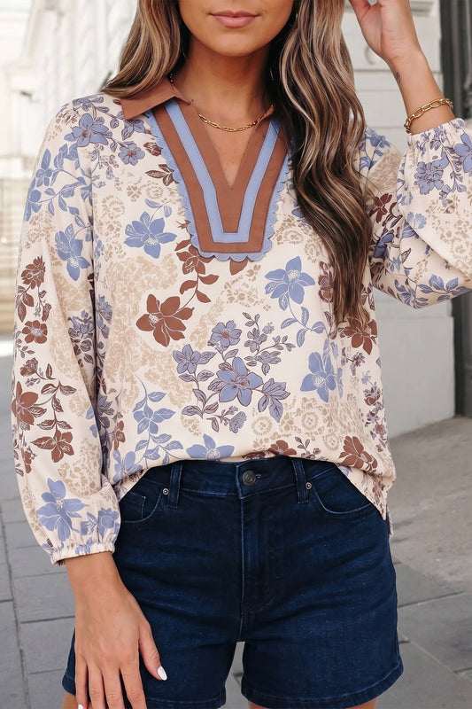 Floral Print Colorblock V Neck Long Sleeve Blouse | S-XL