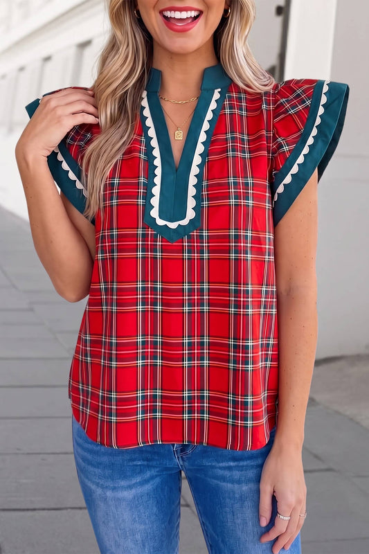 Christmas Red Plaid Print V Neck Shift Blouse | S-XL