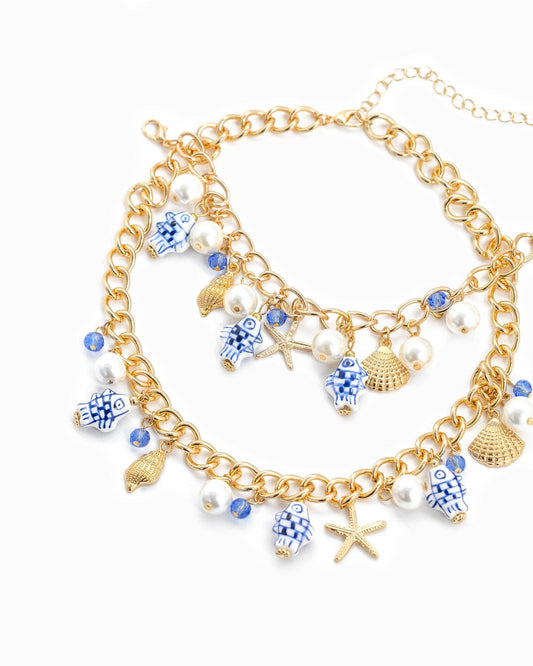 Sea Life Marine Blue Fish Ceramic Charm Bracelet