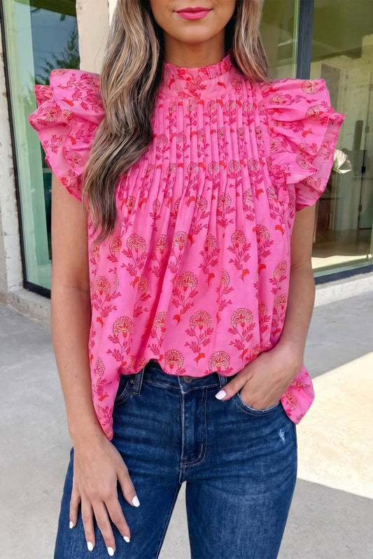 Floral Print Pleated Ruffled Flutter Sleeve Blouse | S-XL