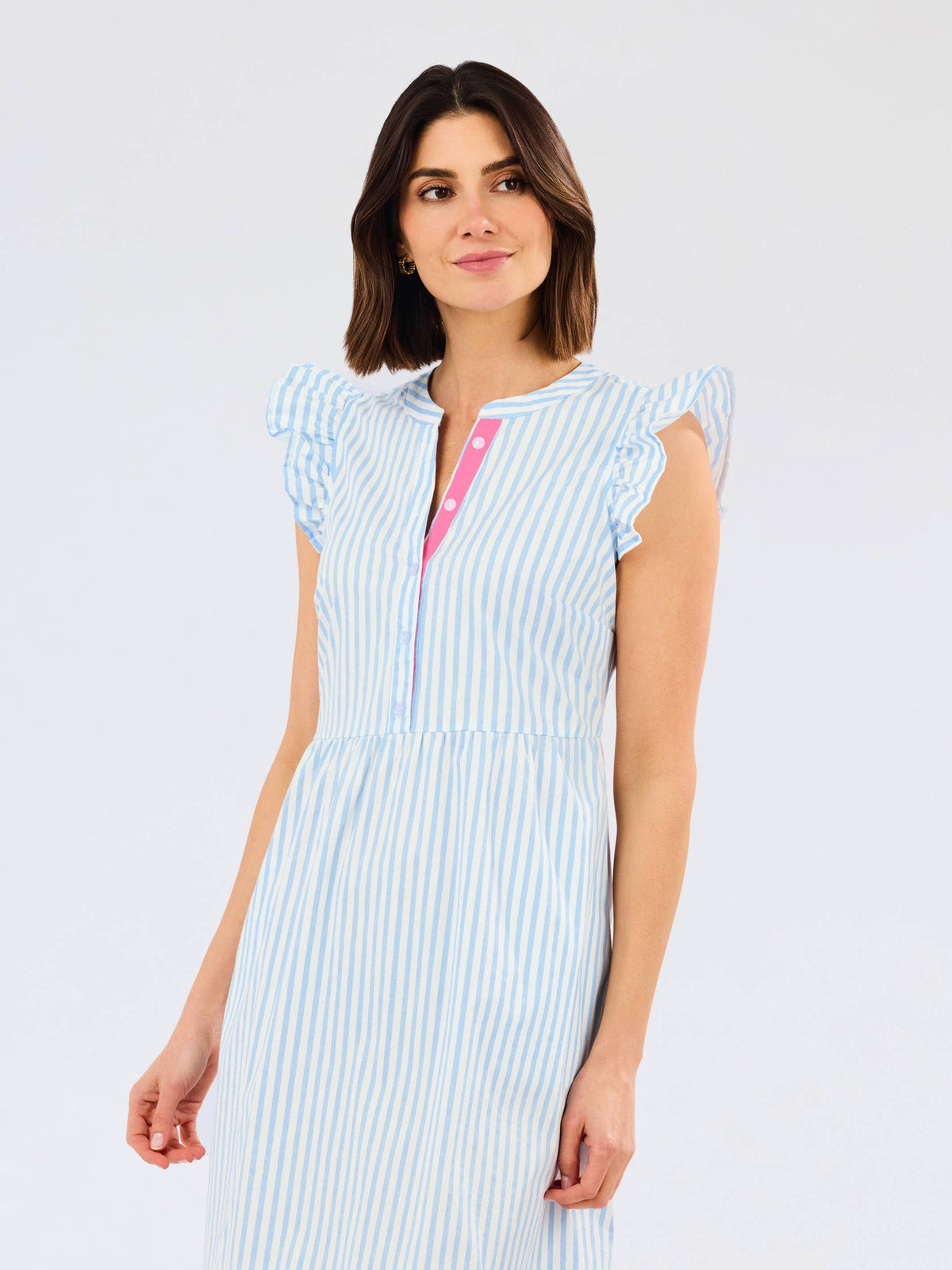 Riley Flutter Sleeve Dress | Pin Stripe Blue