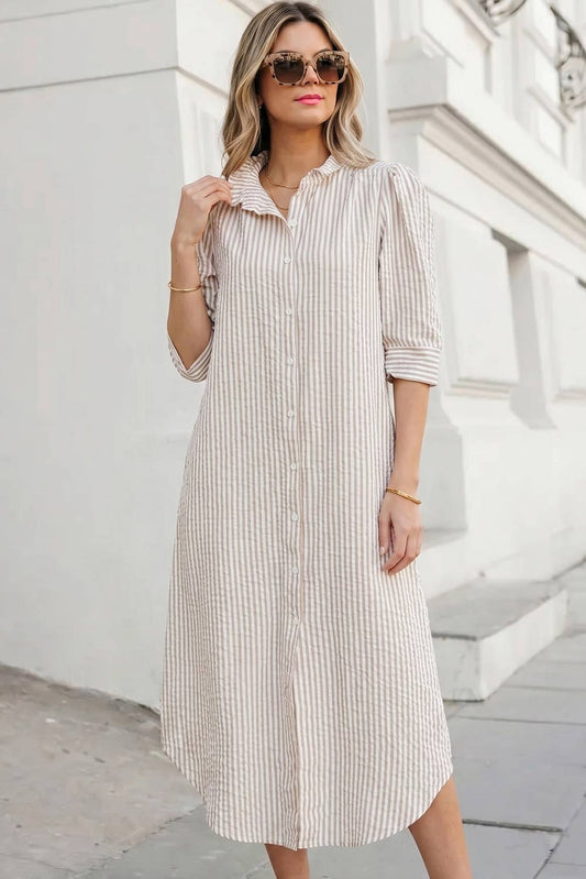 Stripe Frilled Collar Half Sleeve Shirt Maxi Dress | S-XL