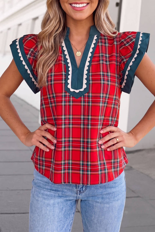 Christmas Red Plaid Print V Neck Shift Blouse | S-XL