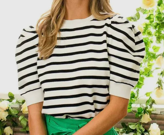 Black and white strip puff sleeve top