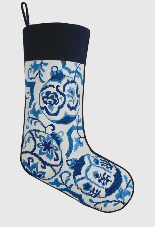 Chinoiserie Blue & White Needlepoint Stocking