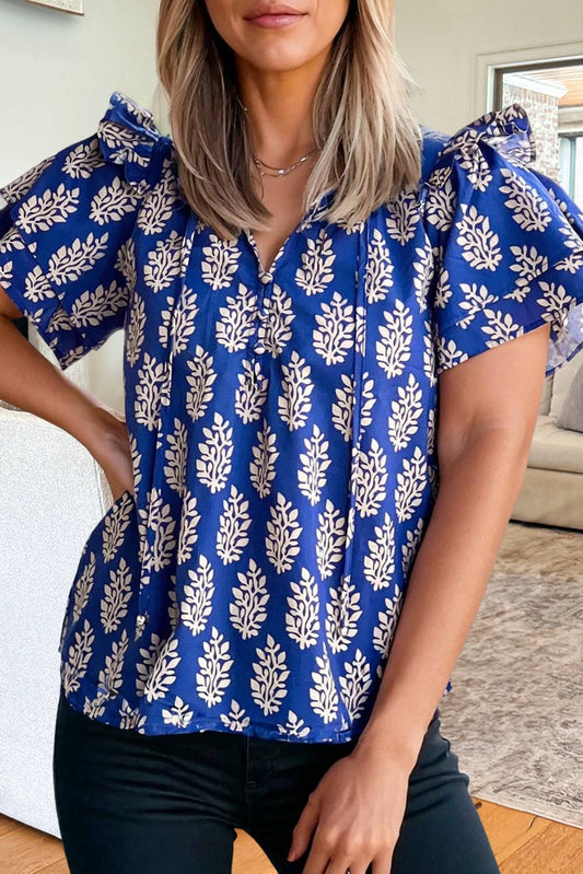 Botanical Tie V Neck Ruffled Blouse | Plus Size 1X-4X