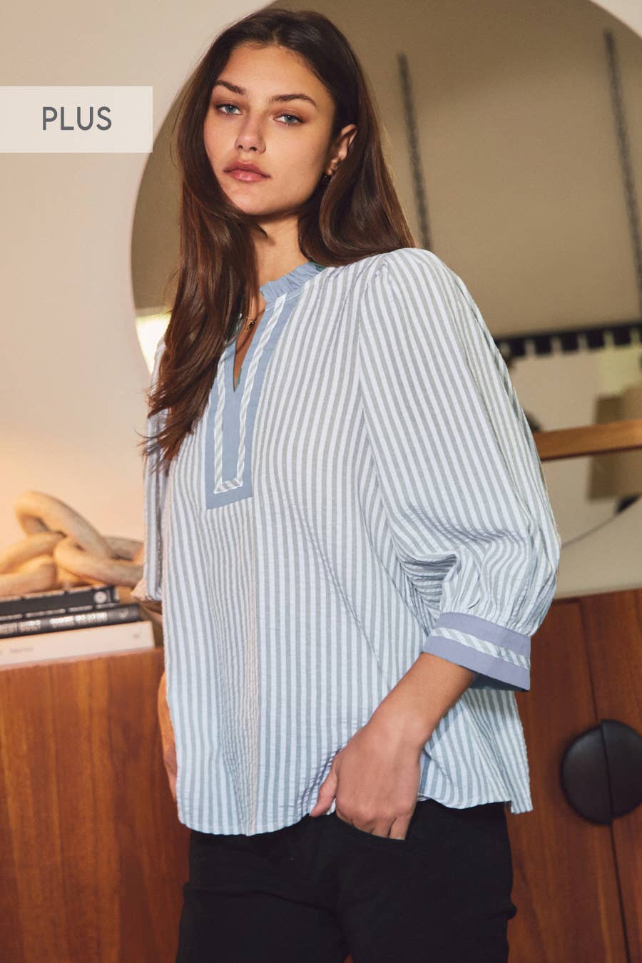 Plus Striped Woven Blouse