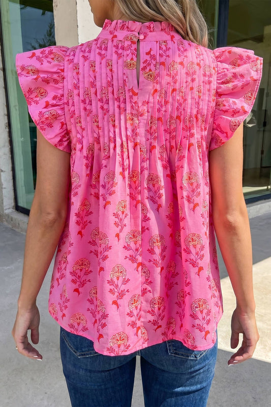 Floral Print Pleated Ruffled Flutter Sleeve Blouse | S-XL
