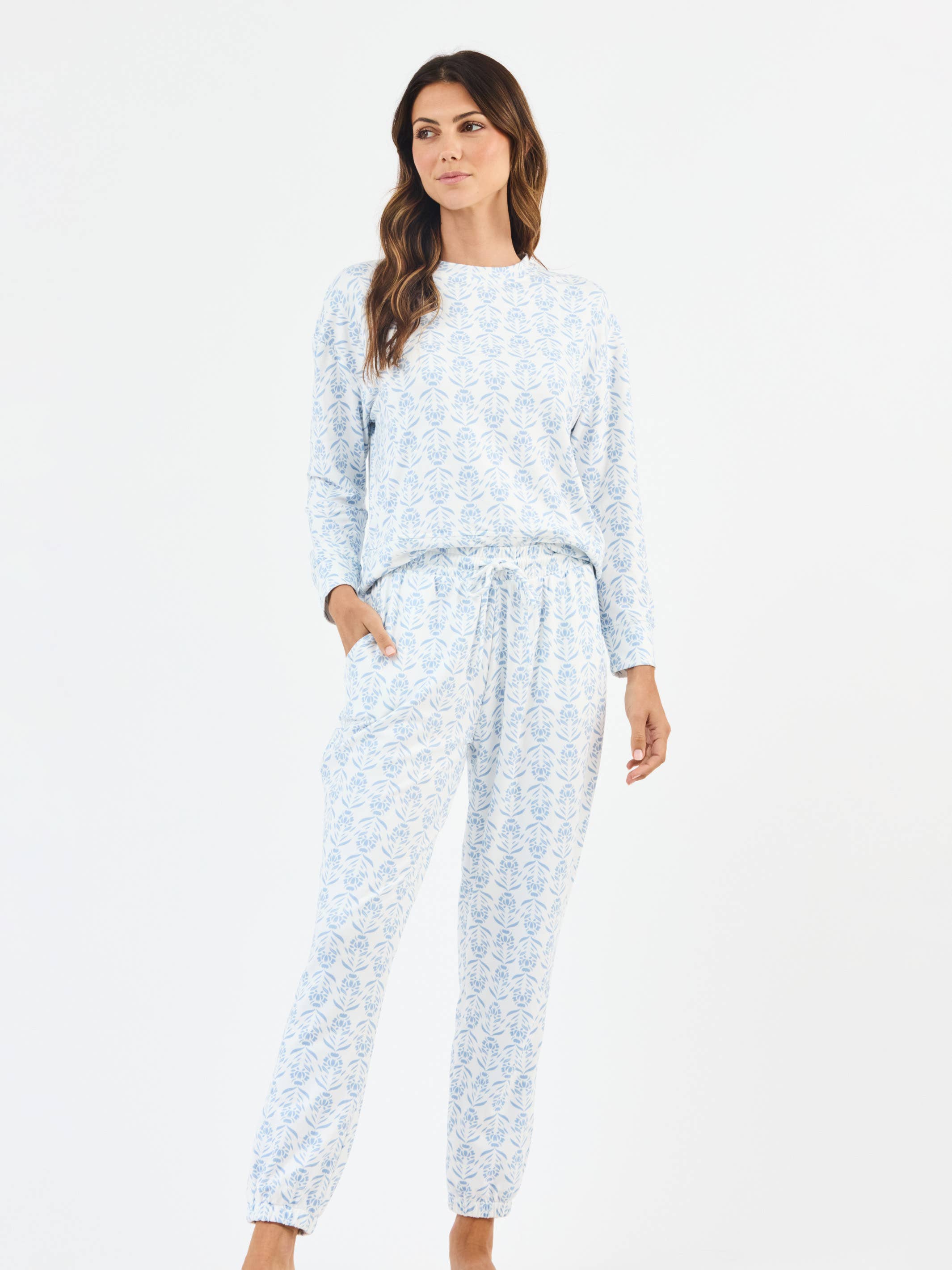 Sophie Jogger Set | Palm Damask Light Blue