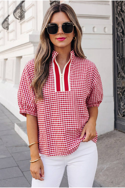 Plaid Short Sleeve Split Neck Blouse | S-XL